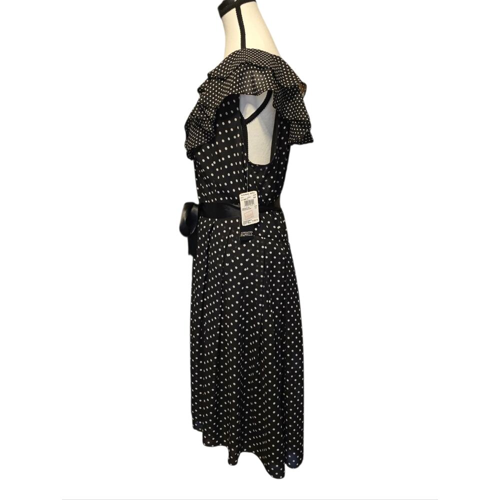 Adrianna Papell Dress Womens 14 Black White Polka Dot Ruffle Front Pin-Up NWT - Picture 3 of 12